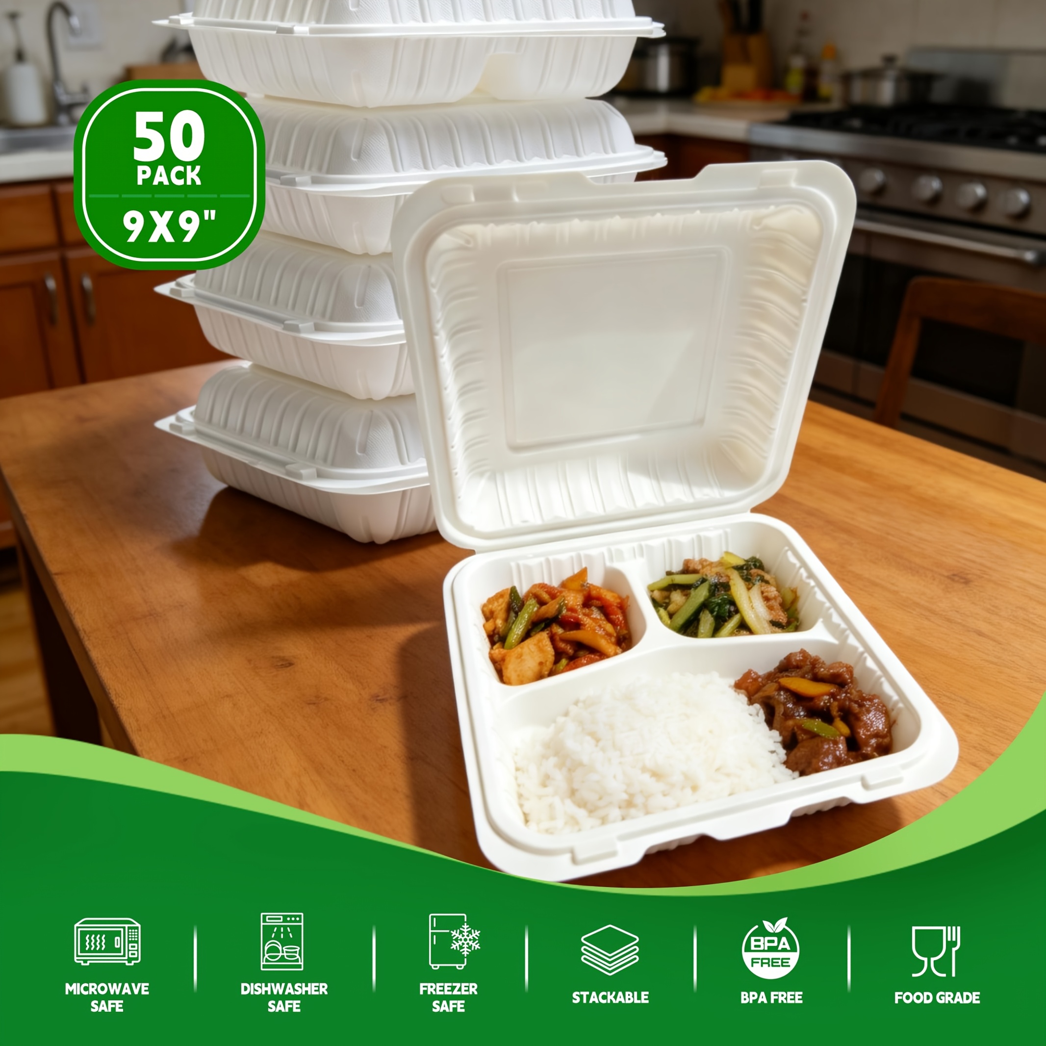 Meal Prep No Microwave - 50-Pack 9x9 Inch 3-Section Clamshell Food