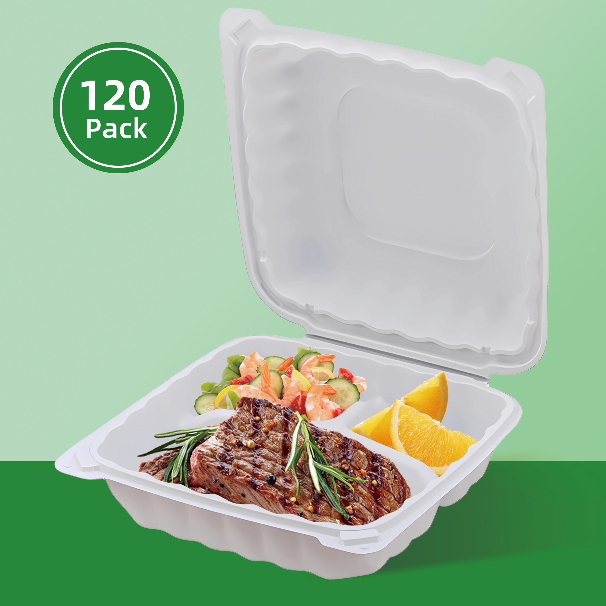 Meal Prep No Microwave - 120-Piece 8-Inch & 9-Inch 3-Section Clamshell