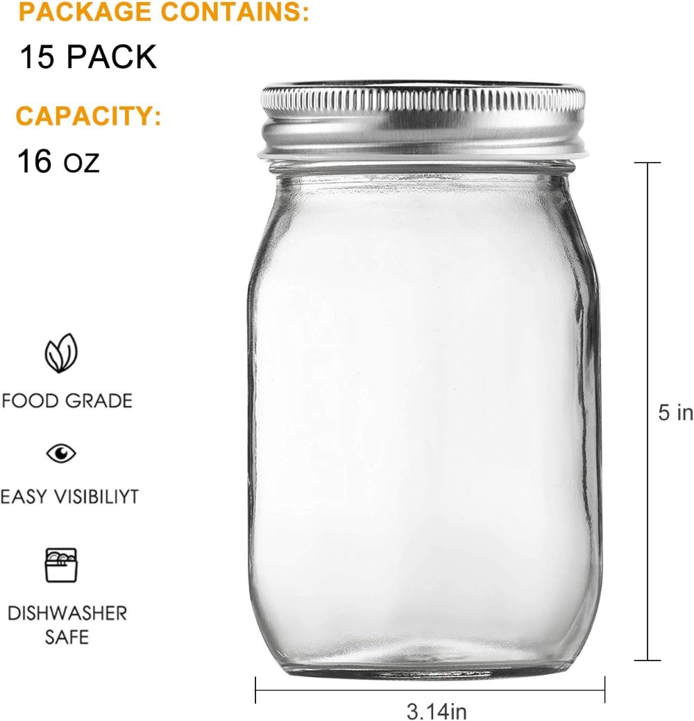 16 Pack 16oz Glass Mason Jars  - Meal Prep Jars With Lids avaliação e preço