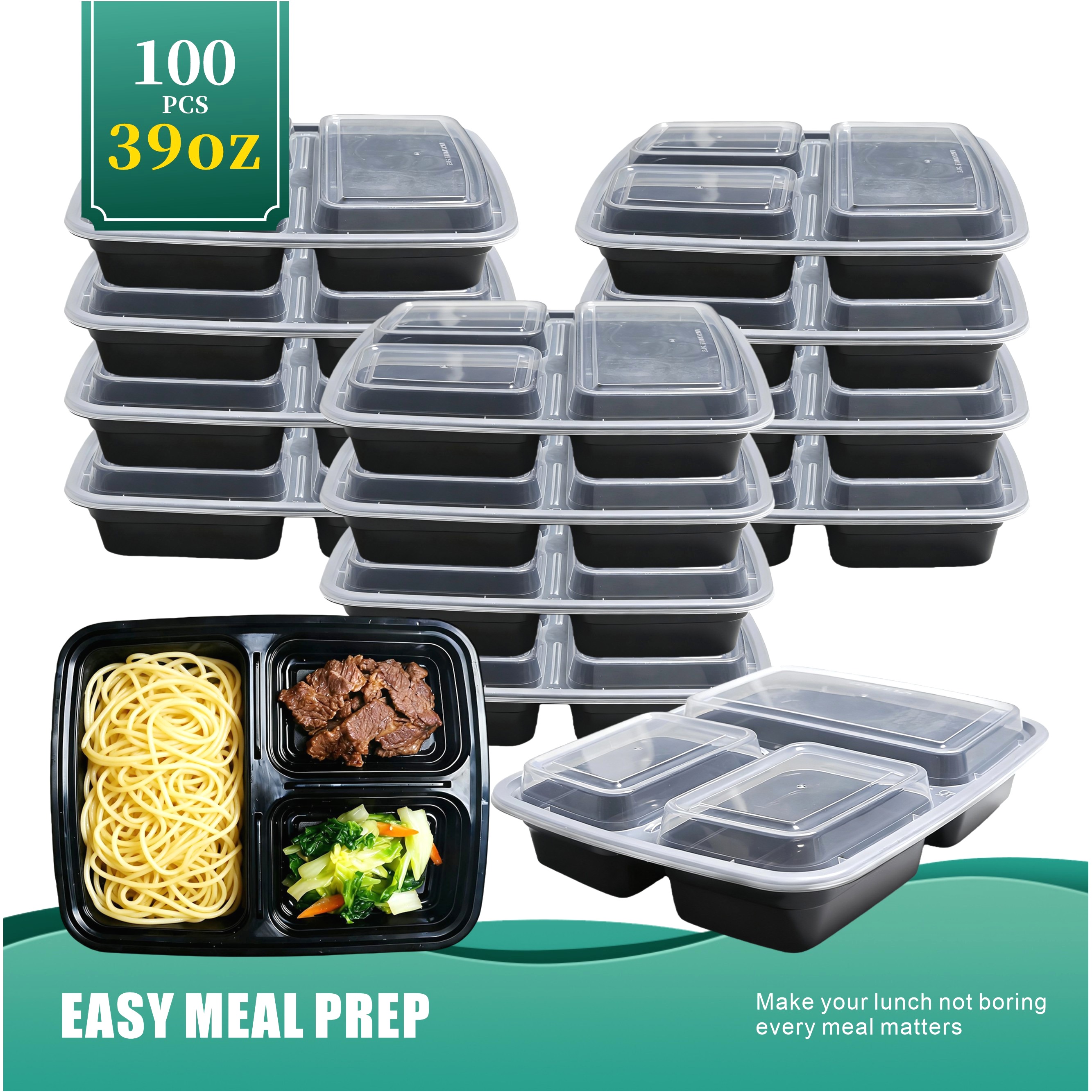 100-Piece 39oz Black 3-Section - Meal Prep No Microwave avaliação e preço
